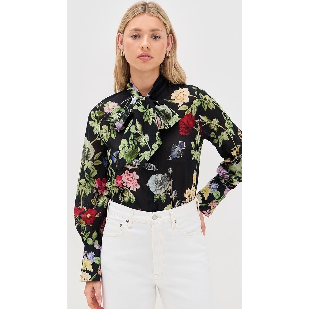 NWT Alice + Olivia Lloyd Floral Printโ Bow Neck Cotton Shirt Black XS Designer